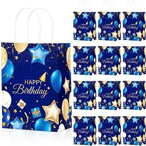 Frienda 24 Pcs Birthday Gift Bags with Handles Navy Blue and Gold Party Goodie Happy Birthday Favor Bags for Men Women Party Supplies, 5.9 x 3.2 x 8.3 Inches