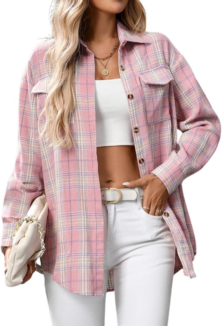 Women's Oversized Flannel Shirts Long Sleeve Button Down Plaid Shirt Business Casual Work Blouse Top, M