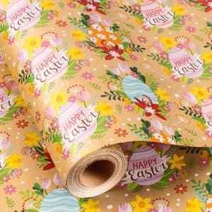 Flyhill Kraft Easter Wrapping Paper Roll, Colorful Easter Eggs & Floral Design Gift Wrap with 'Happy Easter' Text for Easter, Festival Celebrateion - Mini Roll17 IN x 33 FT