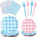 96 Pcs Baby Gender Reveal Plates and Napkins Set Party Supplies Pink and Blue Gingham Tableware Scalloped Plates Napkins and Forks for Baby Shower Birthday Party Decorations, For 24 Guest