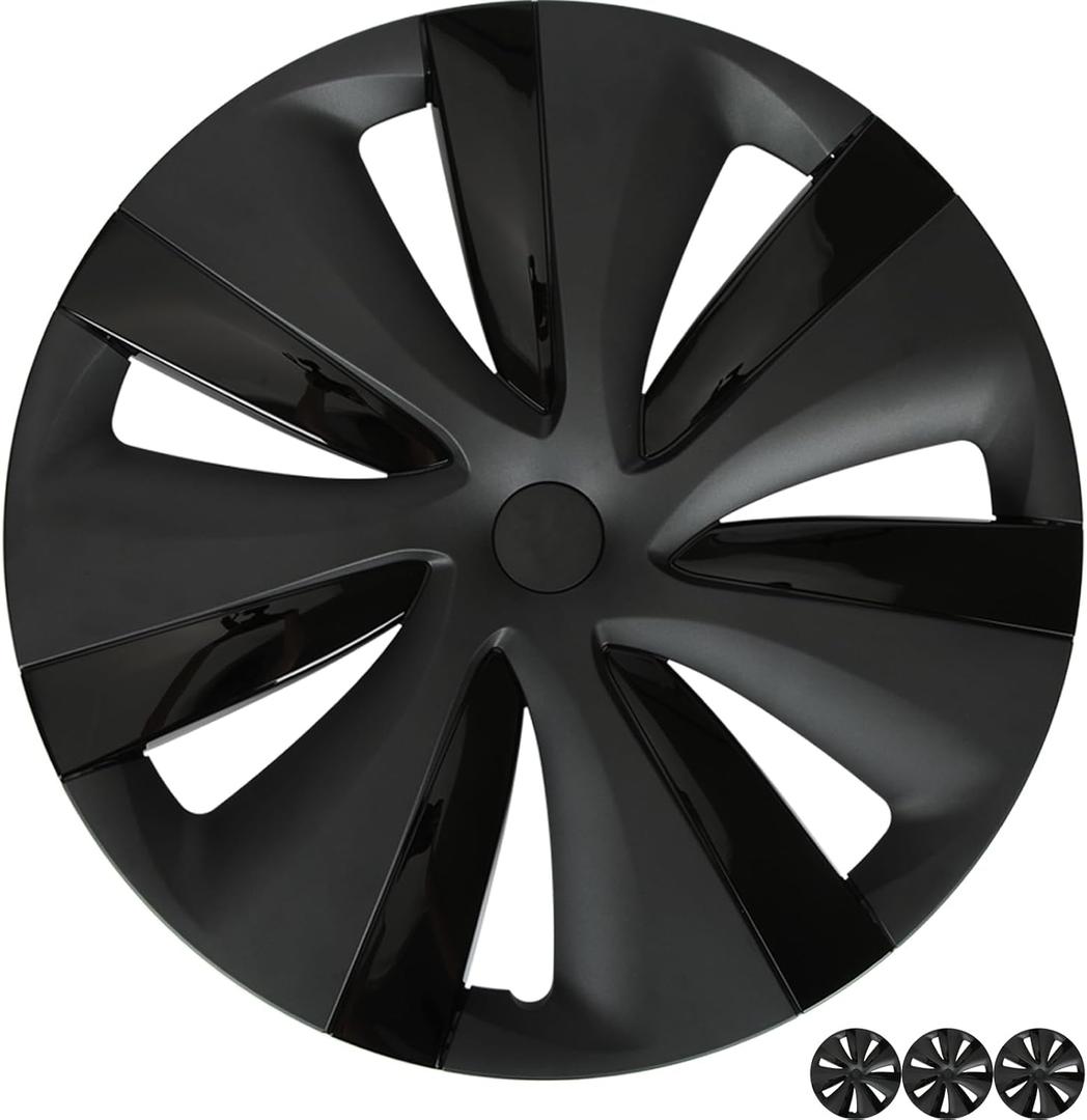 Upgraded 2025 Model Y Wheel Covers for Tesla Accessories 2024 19 Inch Rim Protectors (Set of 4) with Enhanced Elasticity Wheel Cover Replacement, not fit for New Model Y Juniper Version (19inch-Model Y 2021+, Tempest- Gloss Black and Matte Black)