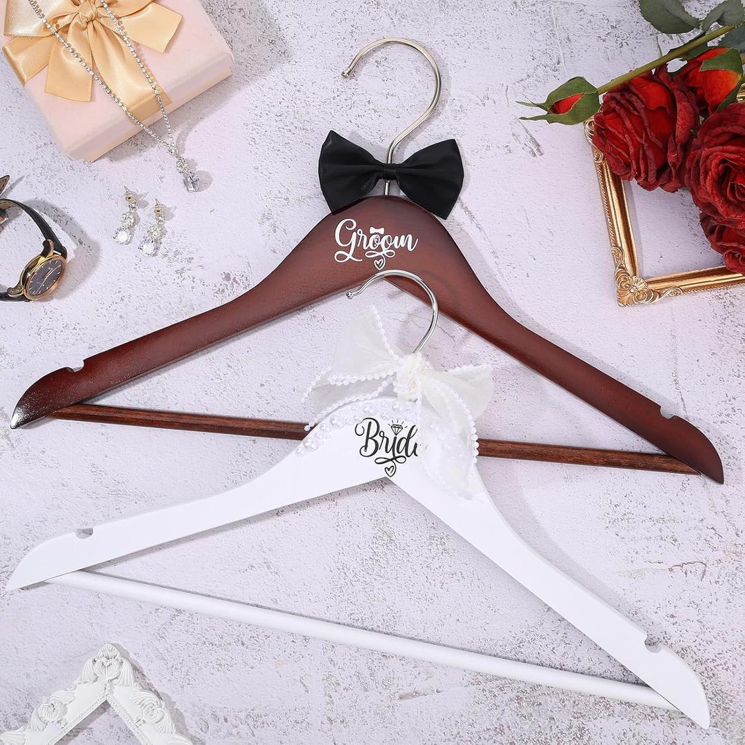 2 Pcs Bride Bridal Groom Hanger Wedding Dress Hanger with Pearl Ribbon Bow Tie Wooden Hangers for Wedding Gift Bridal Shower Party Supplies