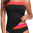 Daci Bandeau Tankini Swimsuits for Women - Two Piece Ruched Tummy Control Bathing Suit Strapless Swimwear with Bottom S, Black, Pink, Orange