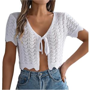 Crochet Shrug Sweater Short Sleeve Tie Front Cropped Cardigan Lightweight Summer Cover Shawl Tops