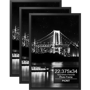 Picrit 22.375x34 Picture Frame 3 Pack, Black Poster Frame, Display Poster 18 x 24 with Mat or 22.375 x 34 Without Mat for Horizontal or Vertical Wall Mounting