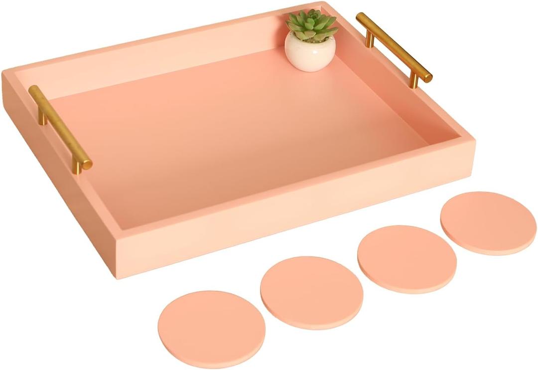 Serving Tray 16.5X 13Deluxe Wooden Ottoman Tray for Coffee Table with Polished Gold Metal Handles and 4 Coasters, Living Room Bathroom Coffee Bar Organizer Modern Decorative Pink Tray