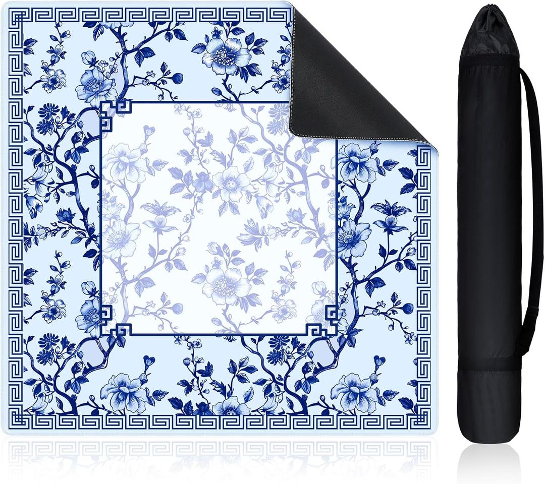 22 Inch Mini Chinoiserie Mahjong Mat for Travel Set White Floral Mahjong Mat Cute Small Domino Accessories Gifts Domino and Tile Game Table (Blue)