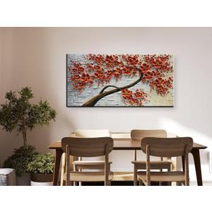 YaSheng Art -Large 3D Textured Framed Abstract Floral Oil Painting ,Wall Art for Living Room,hand painted Canvas Wall Art, Bedroom Wall Art Decor, 3D Red Floral Artwork, Modern Home Wall Decor 60x24inch (YS0012)