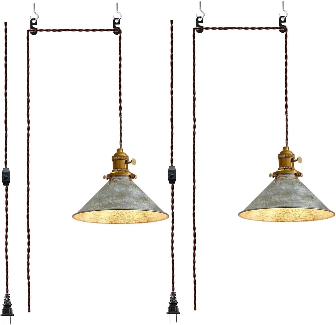 Plug in Pendant Light, Silver Pendant Light Fixtures Two Ways Switch, Adjustable 13ft Light Cord Hanging Pendant Light for Kitchen Bedroom Restaurant 2 Pack, Color May Vary