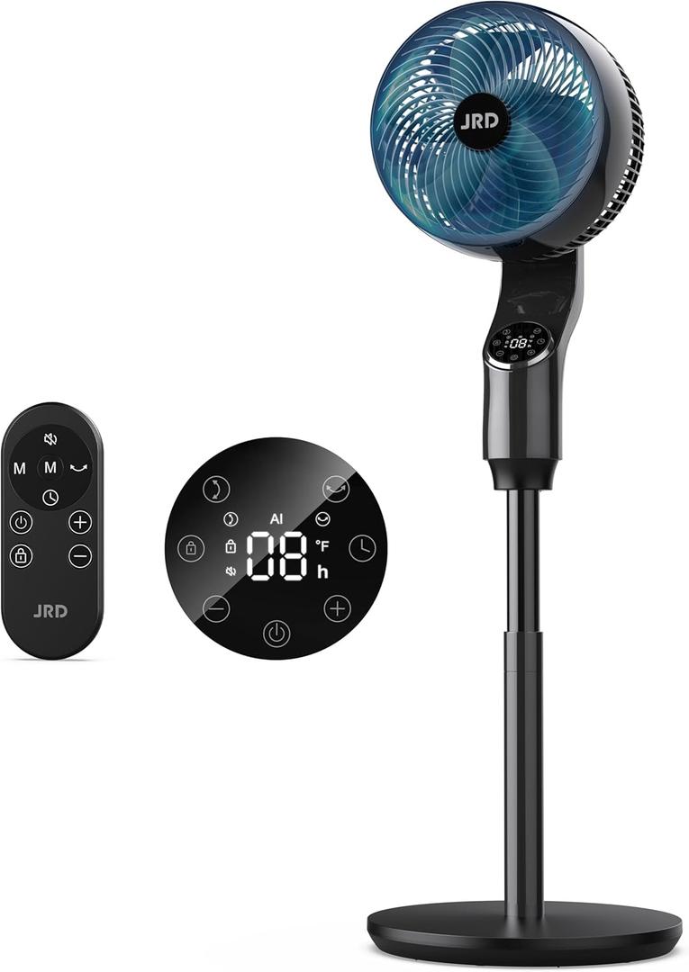 JRD Fan for Bedroom, 70 Oscillating Standing Fan, 100ft Quiet Pedestal Fans for Home Office, 85 Manual Vertical, Touch+Remote, 24H Timer,32 Wind Speeds, 39-43" Adjustable Height, Air Circulator
