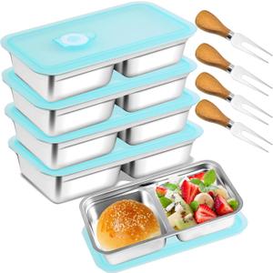 GRETJOB 4 Pack Grab and Go Stainless Steel Double Compartment Snack Containers with Leakproof Lids, Stainless Steel Snack Containers, Dual Compartment Bento Box for Travel, Camping & Lunch Prep