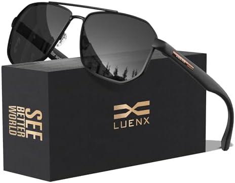 LUENX Aviator Sunglasses for Men Square Polarized Polygon Shades UV400 Sun Glasses with Accessories