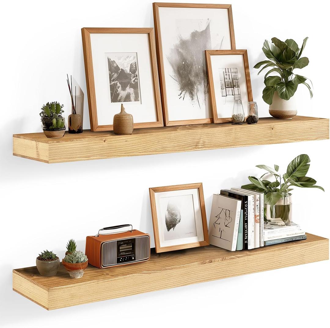 36x6.8x2 Inch Rustic Floating Shelves for Wall Set of 2 - Oak Solid Wood Wall Mounted Shelves with Invisible Bracket, Extended Design for Farmhouse Living Room Bedroom Kitchen Decor