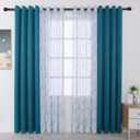 BONZER Mix and Match Curtains - 2 Pieces Branch Print Sheer Curtains and 2 Pieces Blackout Curtains for Bedroom Living Room Grommet Window Drapes, 54x108 Inch/Panel, Teal, Set of 4 Panels (54"W x 108"L (Pack of 4))