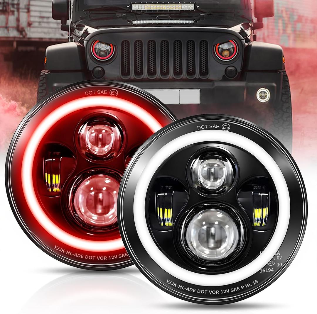 7 Inch Led Headlights Halo Angel Eyes Red DRL Amber Turn Signal Lights DOT Approved H6024 Headlight -LED Headlight Offroad Light Angle Eyes Compatible with Wrangler JK TJ LJ Motorcycle