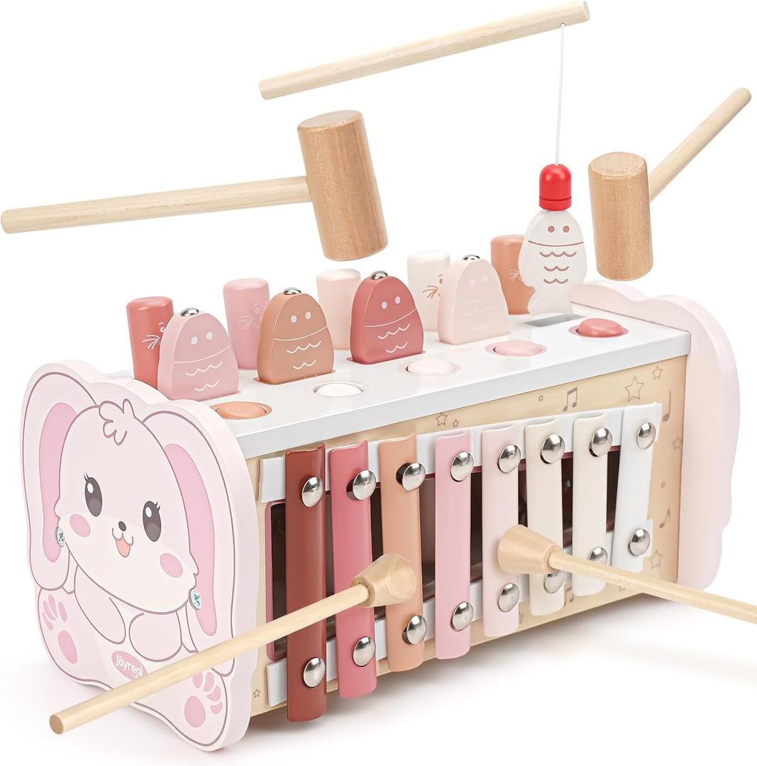 Joyreal Montessori Toys for 1 Year Old Girl Gift - Pink Wooden Hammering Pounding Toy with Xylophone & Fishing Game - Toddler Learning Activities for Kids 1+ 2 3 Year Old Christmas Birthday Gifts
