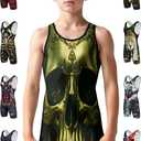 Exxact Sports Sublimated Adult & Youth Wrestling Singlet - Premium Powerlifting Singlet for Men & Boys, Unisex Singlets (Large, Skull)