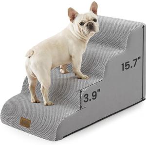 COZY KISS Dog Stairs for Small Dogs 15.7" H, 4-Step Sturdy Foam Dog Steps for Couch and Bed, Curved Pet Stairs for Puppy and Older Cat, Doggie Ladder with Washable Cover, 15.7x28.3x15.7 inch, Gray