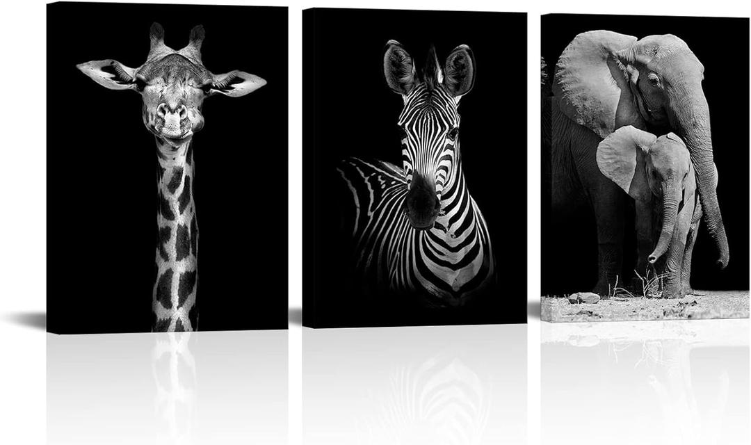 Visual Art Decor Black and White African Wildlife Canvas Wall Art Animal Zebra Giraffe Elephant Portrait Picture Poster Artwork for Home Living Room Bedroom Room Kids Room Office Wall Decoration Ready to Hang