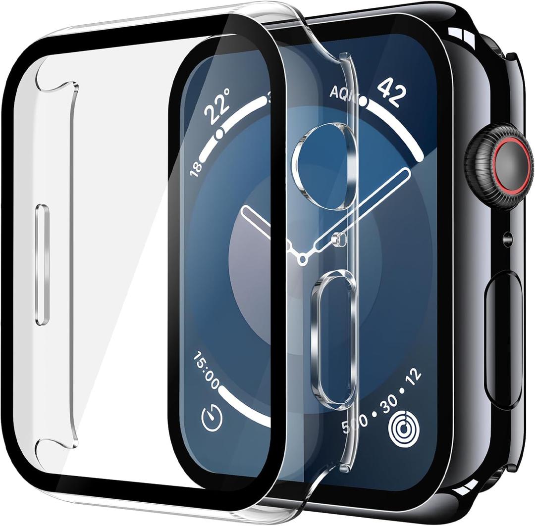 Misxi 2 Pack Tempered Glass Case Compatible for Apple Watch Series 9 Series 8 Series 7 45mm, Hard PC Screen Protector Overall Protection Scratch-Resistant Cover for iWatch, 1 Jet Black + 1 Transparent