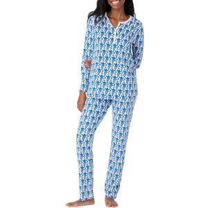 Womens Henley Pajamas Set 2 Piece Long Sleeve Monkey Print Lounge Sets Preppy Sleepwear Pjs for Bridal Party, Holiday & Travel Outfit(Blue, XX-Small) (XS)