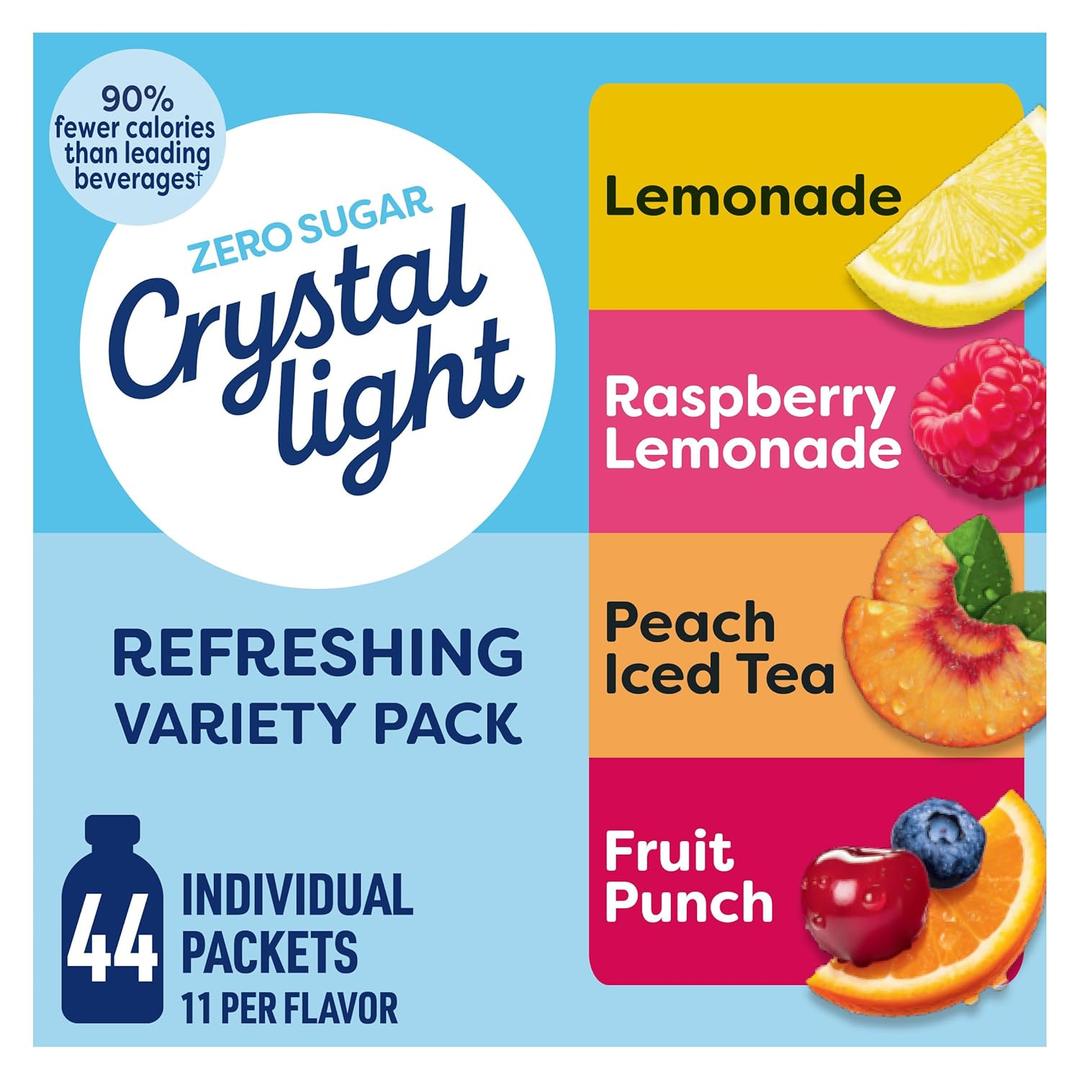 Crystal Light Refreshing Drink Mix Variety Pack, 44 Packets, for Convenient Hydration, Lemonade, Raspberry Lemonade, Peach Iced Tea, Fruit Punch, Natural and Artificial Flavor, Zero Sugar, 4.18 oz (EXP 09/20/24)