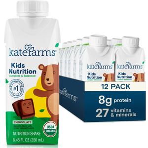 KATE FARMS Organic Kids Nutrition Chocolate Shake, 8g Protein, 27 Vitamins and Minerals, Meal Replacement, Gluten Free, Non-GMO, 8.45 oz (12 Pack) (EXP 04/06/27)