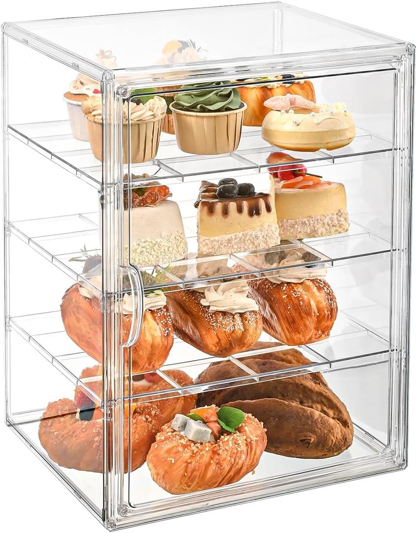 Pastry Display Case, 4-Tier Adjustable Clear Bread Storage with Magnetic DoorBread Box for Kitchen Countertop, 15.7x11.8x9.8inch (4 Tier, 1 Pack)