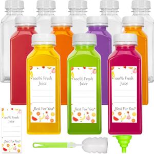 12pcs 12oz Juice Bottles with Caps, Reusable Plastic Bottles for Juicing, Milk, Smoothie, Juice Containers with Lids with 12pcs Labels & Bottle Brush & Funnel, Christmas Gifts