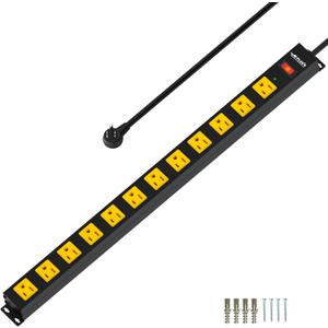 12 Outlet Long Power Strip, 2100 Joules Surge Protector, 6FT Power Cord, Wide Spaced Outlet Power Bar, Overload Protection Switch, Industrial Heavy Duty for Work Bench, Shop, Garage