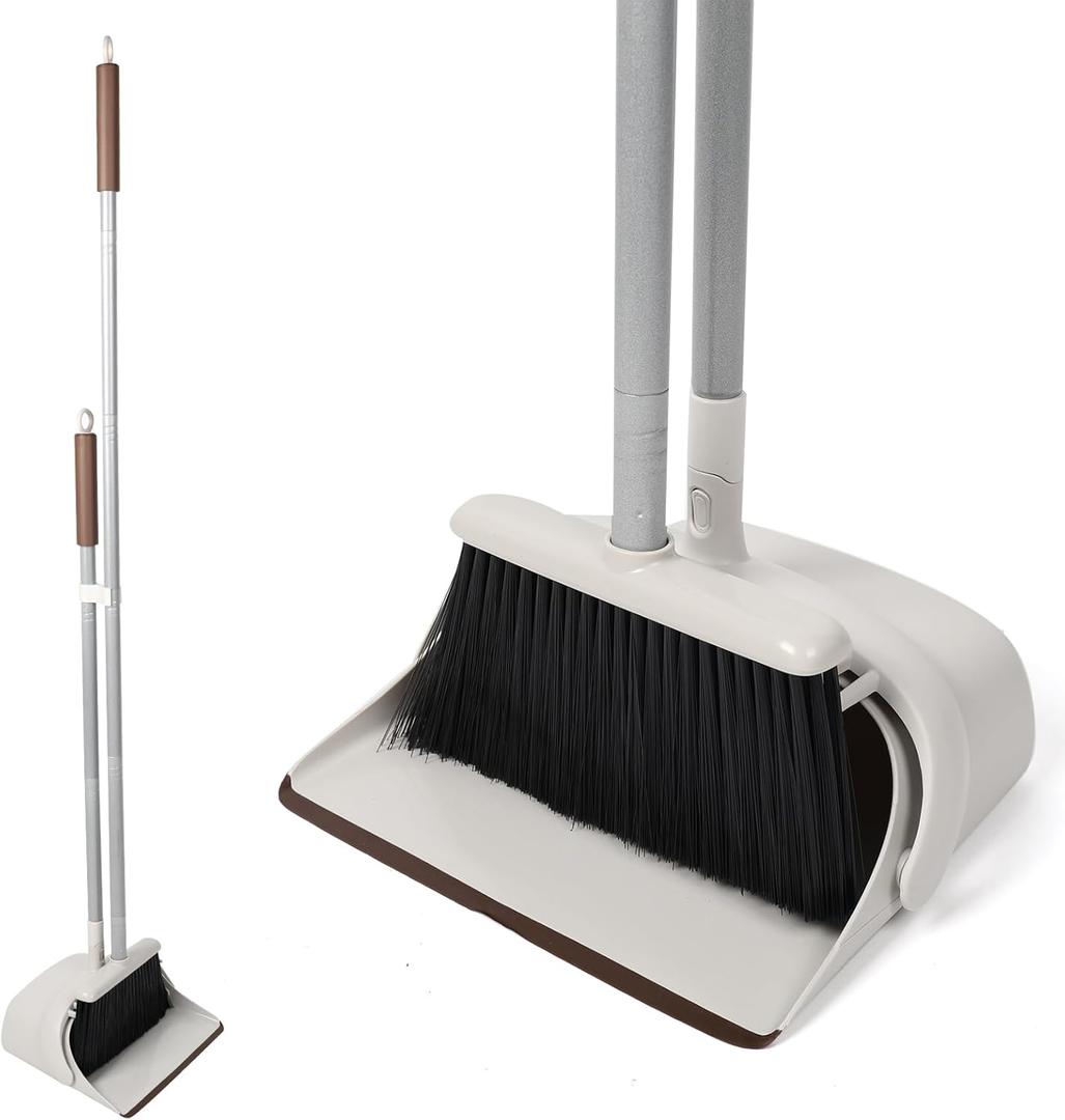 54" Long Handled Broom and Dustpan Set - Perfect Dust Pan and Brush Combo for Efficient Cleaning, Brown and White