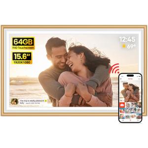 64GB Frameo 15.6" Digital Picture Frame Large 1920 x 1080 IPS FHD Touch Screen WiFi Electronic Photo Frames Share Moments Instantly Anywhere Best Gifts for Parents and Grandparents Golden White
