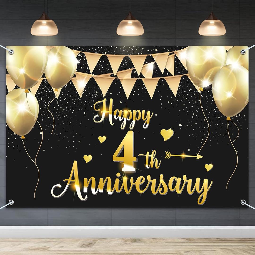 HAMIGAR 6x4ft Happy 4th Anniversary Banner Backdrop - 4 Wedding Anniversary Decorations Party Supplies - Black Gold