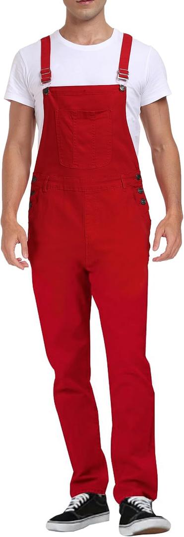 Men's Denim Bib Overalls Slim Fit Stretchy Fashion Jean Jumpsuit with Pockets (36, Red)