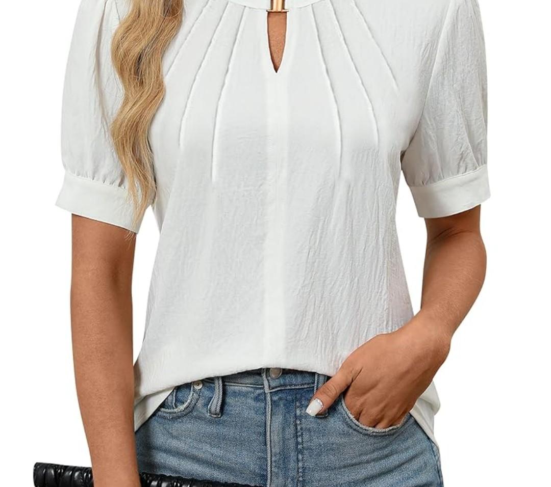 Blooming Jelly Womens Dressy Casual Tops Keyhole Business Work Blouses Pleated Puff Sleeve Summer Shirts XL