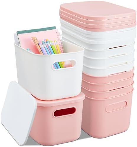 Hoolerry 8 Pieces Colorful Storage Bins with Lid, Plastic Storage Basket Organizing Container Stackable Box with Handle for Shelves Desktop Playroom Office(9.8 x 7.1 x 6.3 Inch,White and Pink)