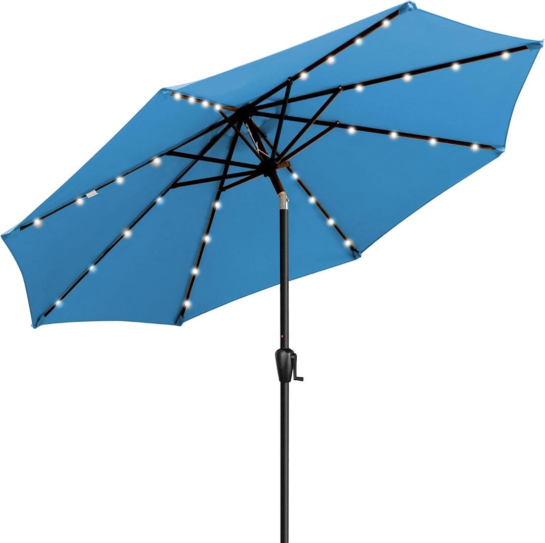 9' Round Patio Umbrella with 32 Solar Powered LED Lights, Push-Button Tilt and Hand Crank Lift, Solar Umbrella in Teal for Porch, Deck, and Patio by Sun-Ray