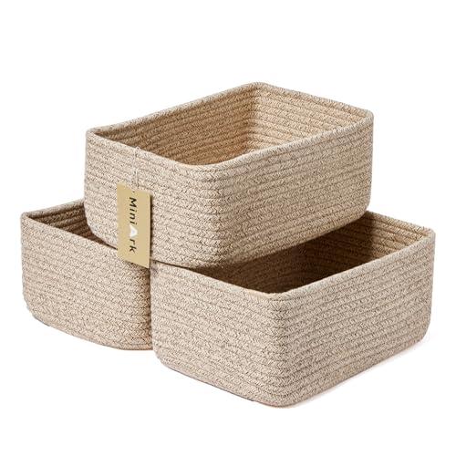 MiniArk Shelf Storage Baskets for Organizing | Closet Organizer Bins | Small Toy Basket | Woven Rope Baskets | Cube Decorative Box | Shallow Basket | 11.5x7.5x4.7” | 3 Packs Mixed Brown