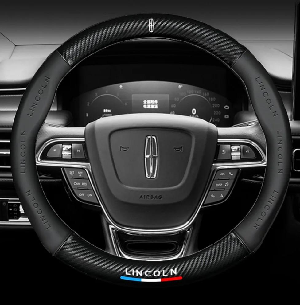 KanaAt for Lincoln Steering Wheel Cover Custom-Fit, Fusion Carbon Fiber Premium Leather Cover with Lincoln Emblem Logo Car Steering Wheel,Designed for Lincoln Car Accessories