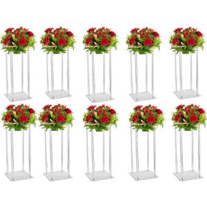 10 Pcs Acrylic Clear Vases for Wedding Centerpieces, 23.62in Tall Flower Stand, Engagement Home Party Table Decor Centerpiece Vases, Rectangular Acrylic Flower Stand with 50 Pcs Gold Napkin Rings