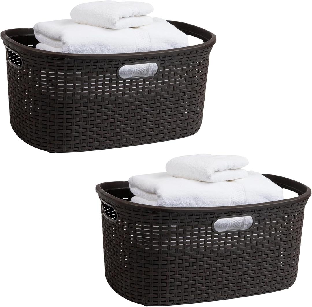 Mind Reader 40L Laundry Basket, Clothes Hamper, Wicker Design, Plastic, 23"L x 14.5"W x 11"H, Set of 2, Brown