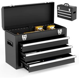 3 Drawer Metal Tool Box, Portable Metal Tool Box with EVC Liners and Latches Closure, Heavy Duty Steel Tool Chest with Ball Bearing Opening and Powder Coated Finish, Black