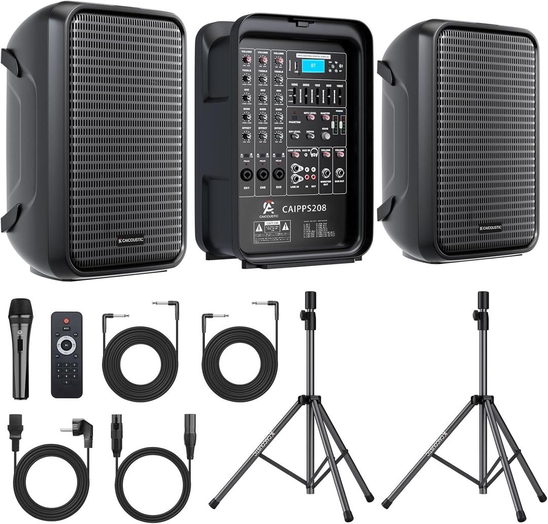 All-in-One 2-Way PA Speaker System DJ Mixer Bundle,300W 8-Channel Mixer Bluetooth, Amplifier Kit with 8" Subwoofer and 1" Horn Tweeter,USB,2 Speaker Stands, Mic