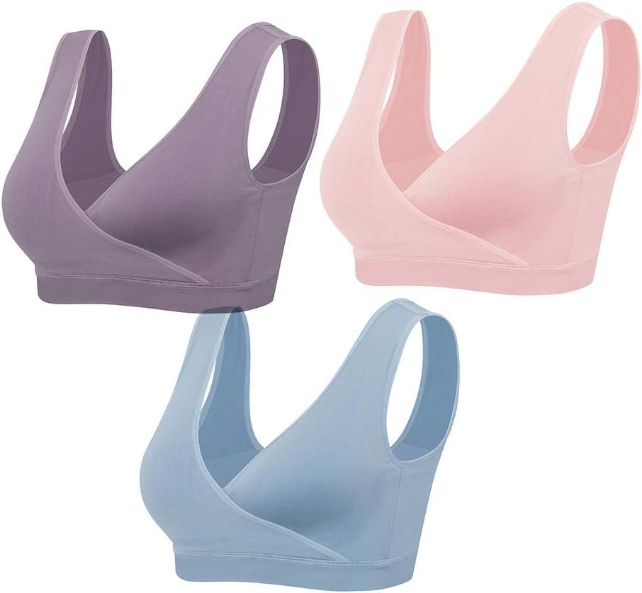 Lemef Nursing Sleep Bras Wirefree Maternity Breastfeeding Bras 3 Pack (Small, Pink&purple&blue)