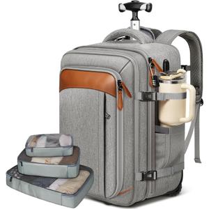 Vancropak Expandable Travel Rolling Backpack with Wheels, Airline Approved Wheeled Backpack with 3 Packing Cubes, 17 Inch Roller Carry on Luggage Suitcase Laptop Bag with USB Port for Men Women, Grey