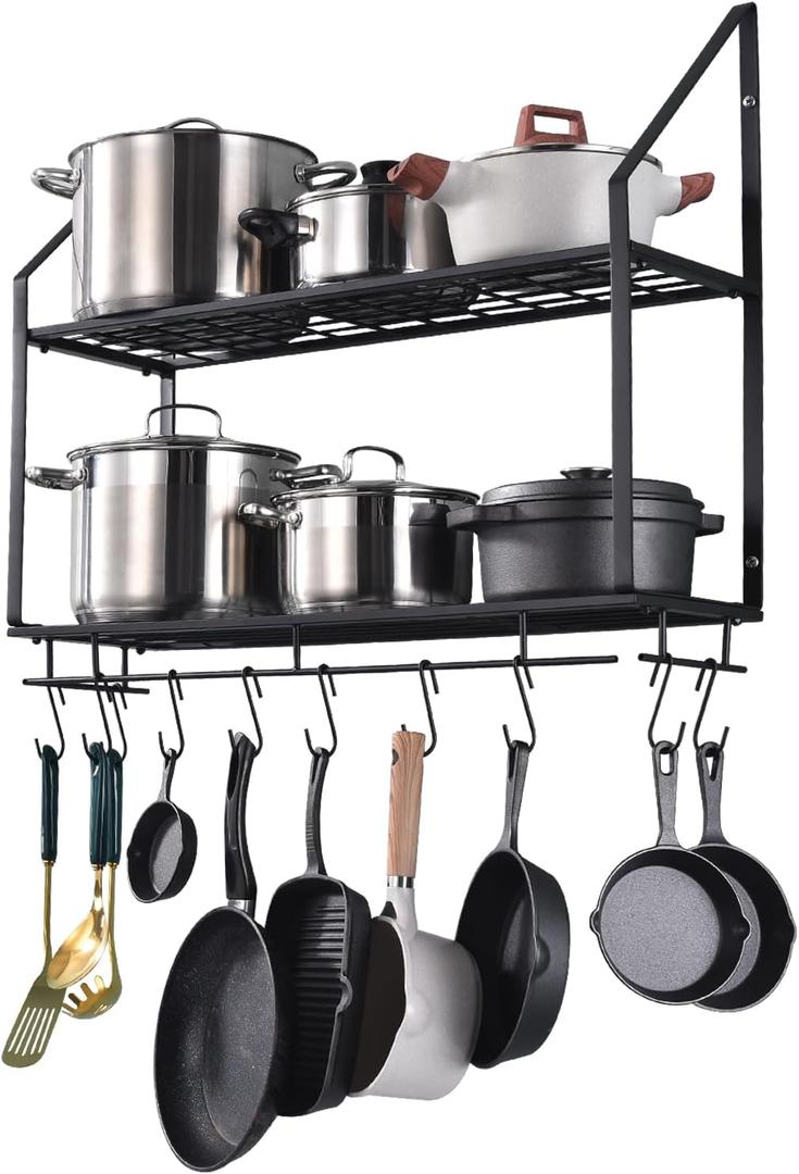 Hoooh 30-Inch Wall Mount Pot Racks - 2-Tier Pot Rack Pan Hanger for Kitchen Storage and Organization - Matte Black Cookware Hanging Shelves with 10 Hooks
