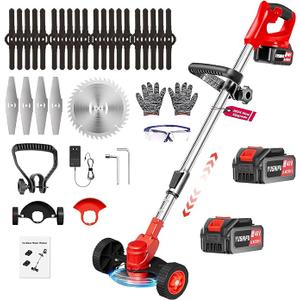 Cordless Weed Wacker, 48V Electric Weed Trimmer Battery Powered with 2 * 2.0Ah Battery & 3 Types Blades, Lightweight 3 in 1 Stringless Grass Trimmer/Lawn Edger/Brush Cutter for Garden Yard Care