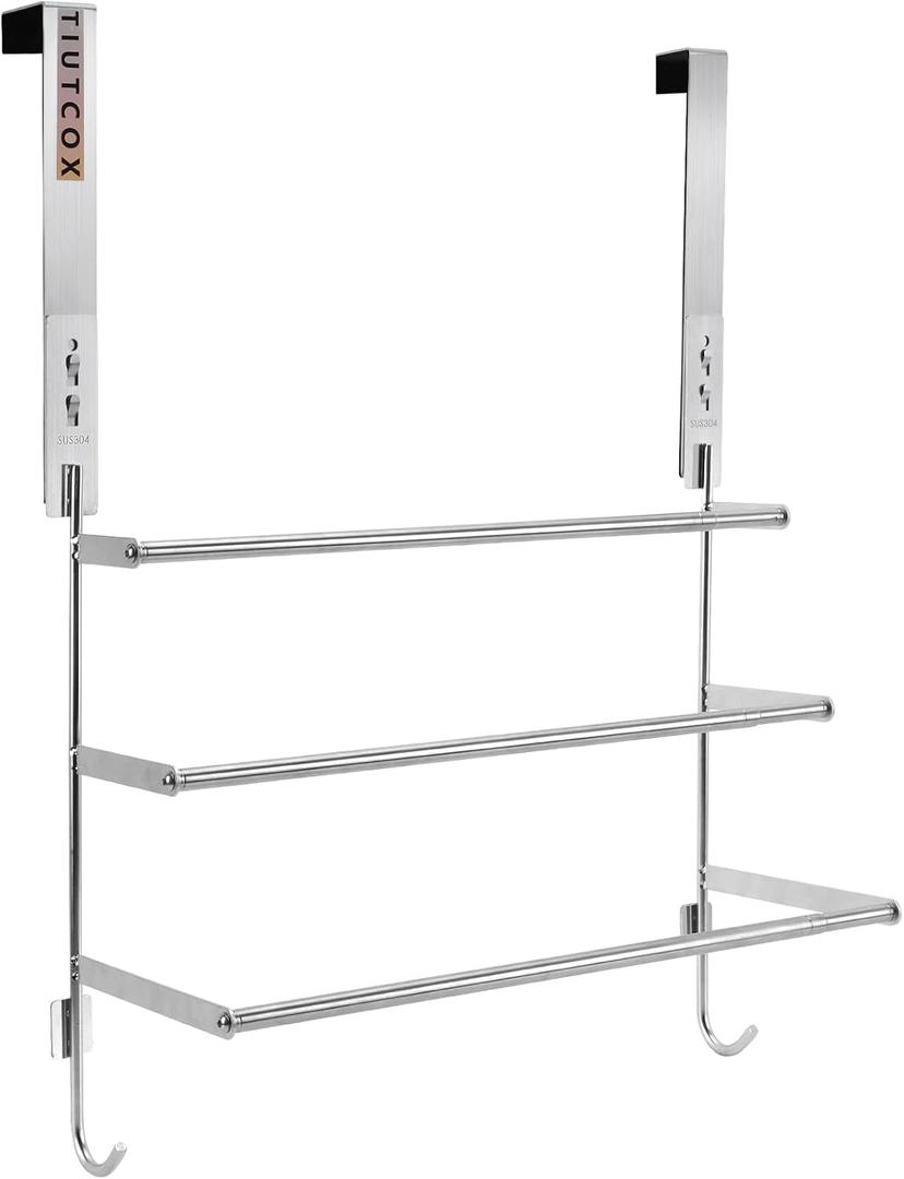 Over The Door Towel Rack, 304 Stainless Steel Towel Racks for Bathroom with 3-Tier Adjustable Pole, 2 Punch-Free Screw Stickers, 22.83 * 17.71-29.52 * 6.14 Inch, Silver