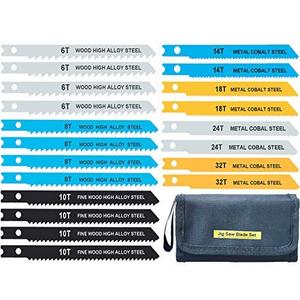 20-Piece Universal Jig Saw Blade Set for Wood,Plastic and Metal Cutting with Tool Bag Universal Design fits All Name Brand and Import Jig Saws