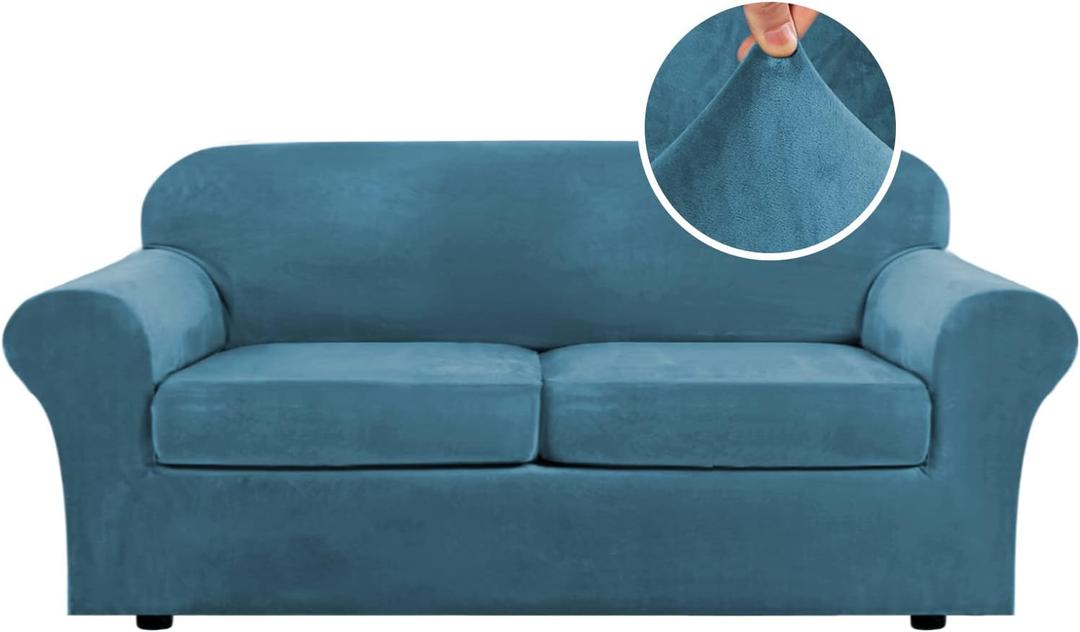 H.VERSAILTEX Real Velvet Plush 3 Piece Stretch Sofa Covers Couch Covers for 2 Cushion Couch Sofa Slipcovers Width Up to 90 Inch Feature Thick Soft Stay in Place (Large Sofa, Peacock Blue)